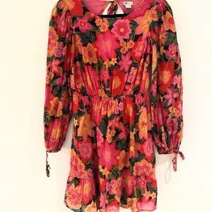 Billabong Pink & Orange Floral Open Back mini Dress size M Boho Tropical